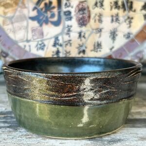 ZD Studio Pottery Bowl Green Black glitter Handcrafted Ceramic Small Vessel